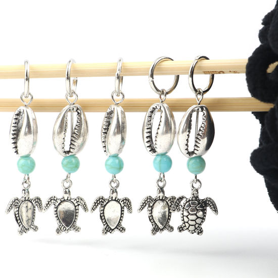 Bild von Acryl Ozean Schmuck Stricken Stitch Markers Schildkröte Antiksilber Cyanblau Muschelschale 55mm x 12mm, 10 Stück