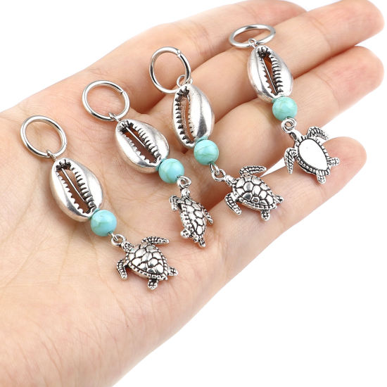 Picture of Acrylic Ocean Jewelry Knitting Stitch Markers Sea Turtle Animal Antique Silver Color Cyan Shell 55mm x 12mm, 10 PCs