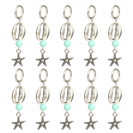 Picture of Acrylic Ocean Jewelry Knitting Stitch Markers Star Fish Antique Silver Color Cyan Shell 52mm x 13mm, 10 PCs