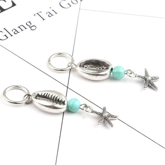 Picture of Acrylic Ocean Jewelry Knitting Stitch Markers Star Fish Antique Silver Color Cyan Shell 52mm x 13mm, 10 PCs