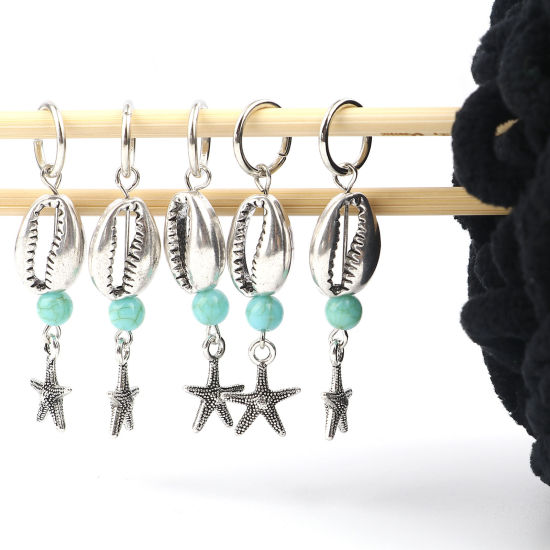 Picture of Acrylic Ocean Jewelry Knitting Stitch Markers Star Fish Antique Silver Color Cyan Shell 52mm x 13mm, 10 PCs