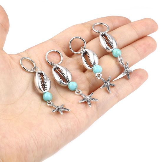 Picture of Acrylic Ocean Jewelry Knitting Stitch Markers Star Fish Antique Silver Color Cyan Shell 52mm x 13mm, 10 PCs