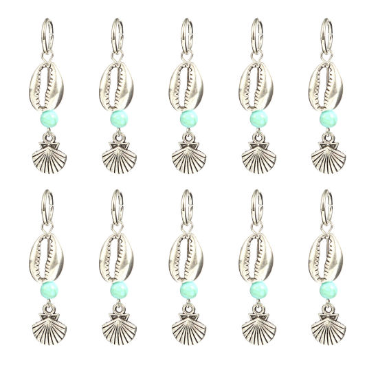 Picture of Acrylic Ocean Jewelry Knitting Stitch Markers Scallop Antique Silver Color Cyan Shell 50mm x 12mm, 10 PCs