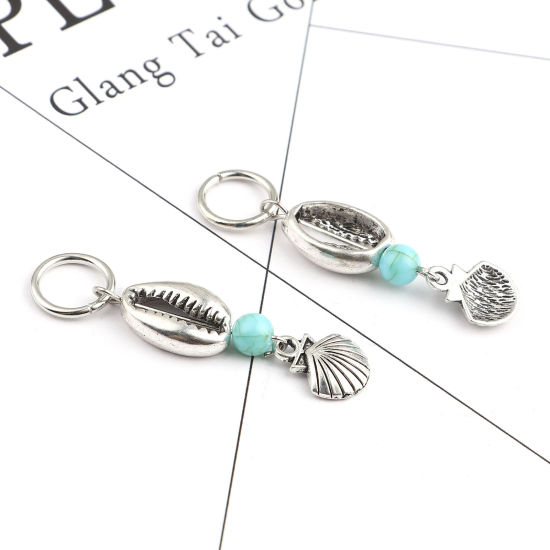 Picture of Acrylic Ocean Jewelry Knitting Stitch Markers Scallop Antique Silver Color Cyan Shell 50mm x 12mm, 10 PCs