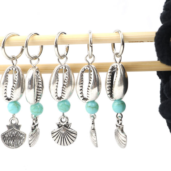 Bild von Acryl Ozean Schmuck Stricken Stitch Markers Jakobsmuschel Antiksilber Cyanblau Muschelschale 50mm x 12mm, 10 Stück