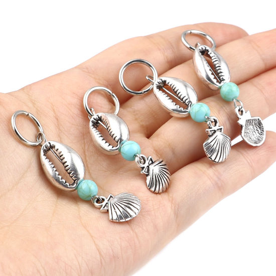 Picture of Acrylic Ocean Jewelry Knitting Stitch Markers Scallop Antique Silver Color Cyan Shell 50mm x 12mm, 10 PCs