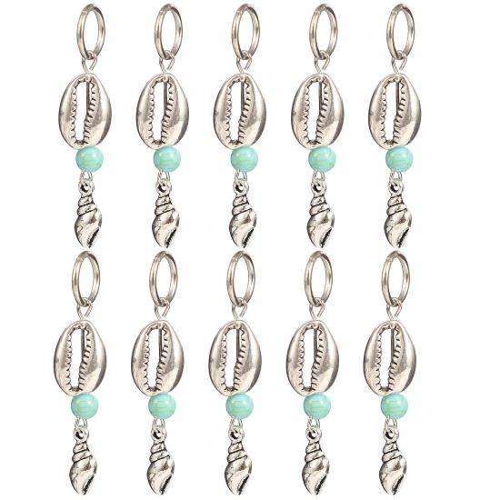 Picture of Acrylic Ocean Jewelry Knitting Stitch Markers Conch/ Sea Snail Antique Silver Color Cyan Shell 53mm x 12mm, 10 PCs