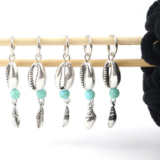 Bild von Acryl Ozean Schmuck Stricken Stitch Markers Strandschnecke Antiksilber Cyanblau Muschelschale 53mm x 12mm, 10 Stück