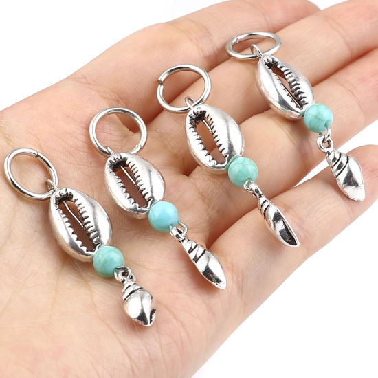 Picture of Acrylic Ocean Jewelry Knitting Stitch Markers Conch/ Sea Snail Antique Silver Color Cyan Shell 53mm x 12mm, 10 PCs