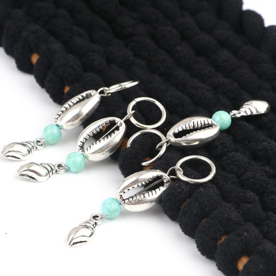 Bild von Acryl Ozean Schmuck Stricken Stitch Markers Strandschnecke Antiksilber Cyanblau Muschelschale 53mm x 12mm, 10 Stück