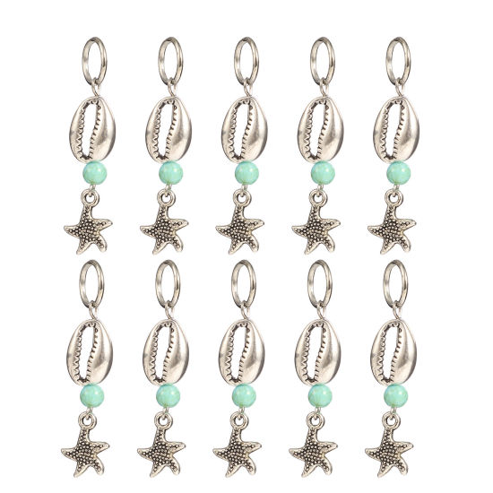 Picture of Acrylic Ocean Jewelry Knitting Stitch Markers Star Fish Antique Silver Color Cyan Shell 54mm x 12mm, 10 PCs