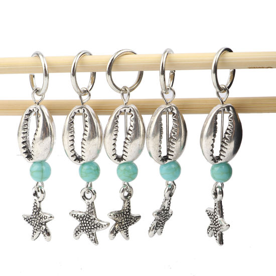 Picture of Acrylic Ocean Jewelry Knitting Stitch Markers Star Fish Antique Silver Color Cyan Shell 54mm x 12mm, 10 PCs