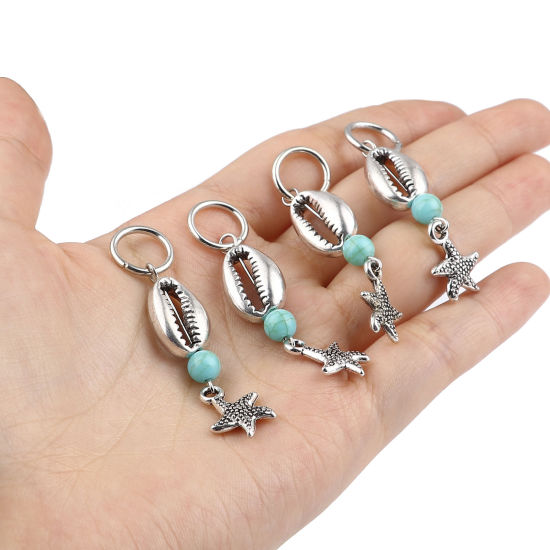 Picture of Acrylic Ocean Jewelry Knitting Stitch Markers Star Fish Antique Silver Color Cyan Shell 54mm x 12mm, 10 PCs