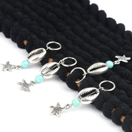 Picture of Acrylic Ocean Jewelry Knitting Stitch Markers Star Fish Antique Silver Color Cyan Shell 54mm x 12mm, 10 PCs