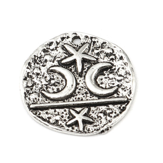Bild von Zinklegierung Galaxis Charms Rund Antiksilber Mond 22mm D., 10 Stück