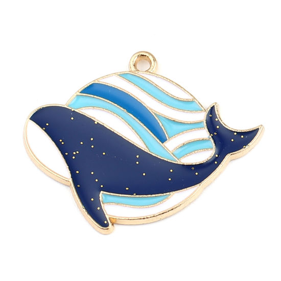 Bild von Zinklegierung Ozean Schmuck Anhänger Delfine Vergoldet Weiß & Blau 31mm x 15mm, 10 Stück