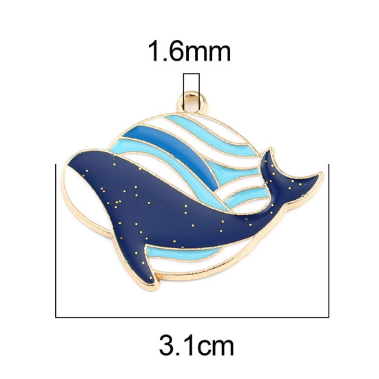 Bild von Zinklegierung Ozean Schmuck Anhänger Delfine Vergoldet Weiß & Blau 31mm x 15mm, 10 Stück