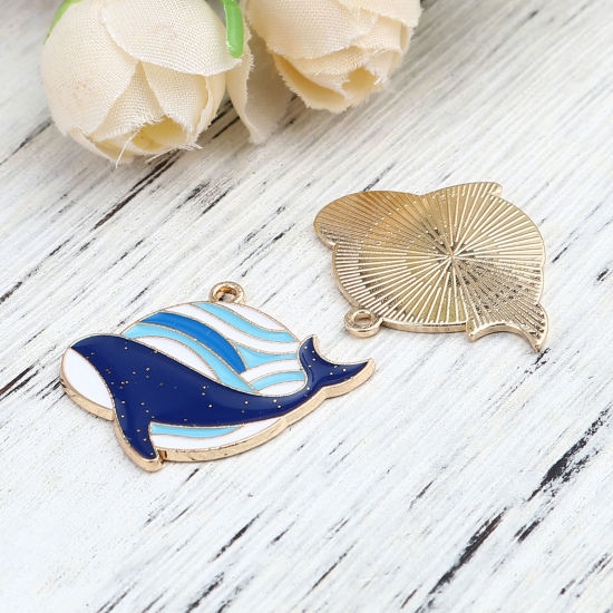 Bild von Zinklegierung Ozean Schmuck Anhänger Delfine Vergoldet Weiß & Blau 31mm x 15mm, 10 Stück