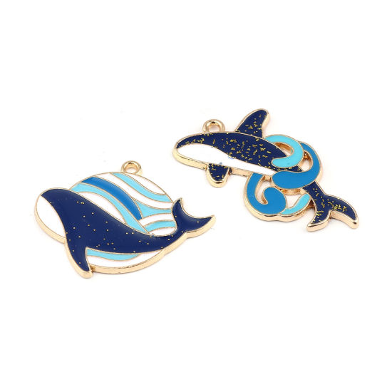 Bild von Zinklegierung Ozean Schmuck Anhänger Delfine Vergoldet Weiß & Blau 31mm x 15mm, 10 Stück