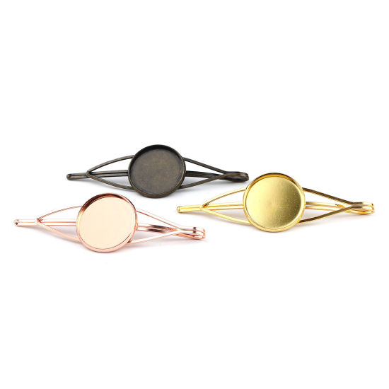 Picture of Iron Based Alloy Hair Clips Findings Gold Plated Round Cabochon Settings (Fits 20mm Dia.) 70mm, 5 PCs