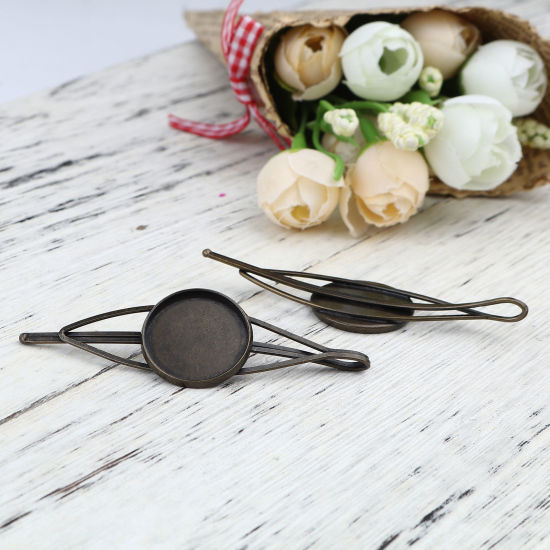 Picture of Iron Based Alloy Hair Clips Findings Antique Bronze Round Cabochon Settings (Fits 20mm Dia.) 70mm, 5 PCs