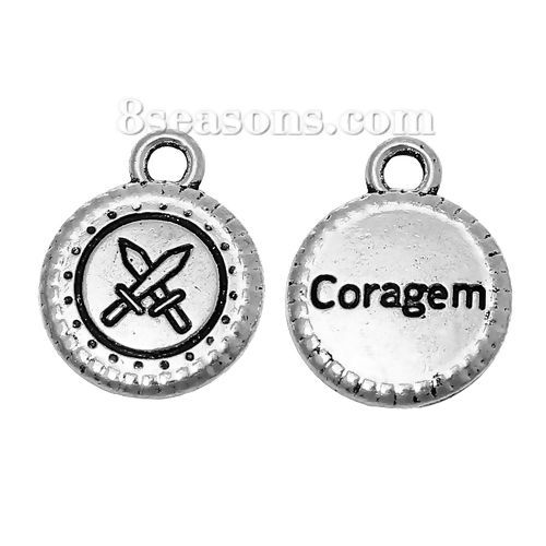 Image de Pendentifs en Alliage de Zinc Rond Argent Vieilli Gravé Caractère Gravé Mots " Coragem " 16mm x 13mm, 30 Pcs
