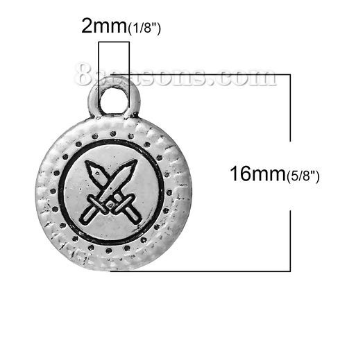 Image de Pendentifs en Alliage de Zinc Rond Argent Vieilli Gravé Caractère Gravé Mots " Coragem " 16mm x 13mm, 30 Pcs