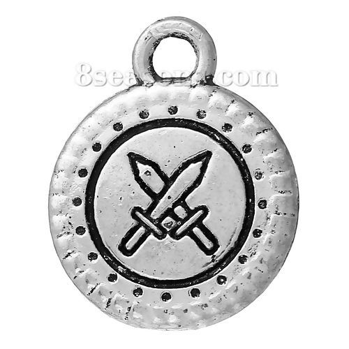 Image de Pendentifs en Alliage de Zinc Rond Argent Vieilli Gravé Caractère Gravé Mots " Coragem " 16mm x 13mm, 30 Pcs