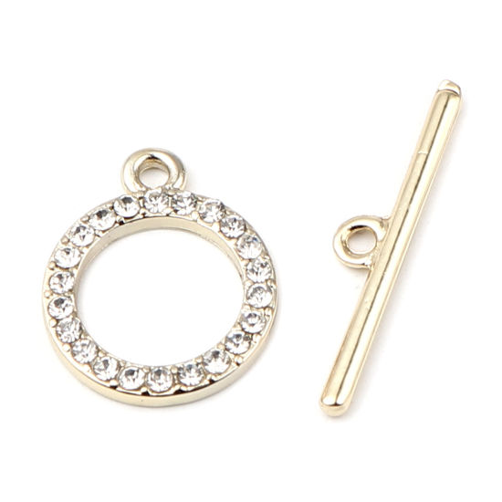 Picture of Zinc Based Alloy Toggle Clasps Circle Ring Real Gold Plated Clear Rhinestone 30mm x 6mm 22mm x 18mm, 2 Sets