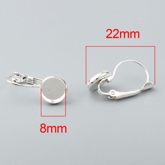 Picture of Iron Based Alloy Cabochon Settings Ear Clips Earrings Findings Round Silver Plated (Fit 8mm Dia.) 22mm x 10mm, Post/ Wire Size: (21 gauge), 1 Packet (Approx 10 PCs/Packet)