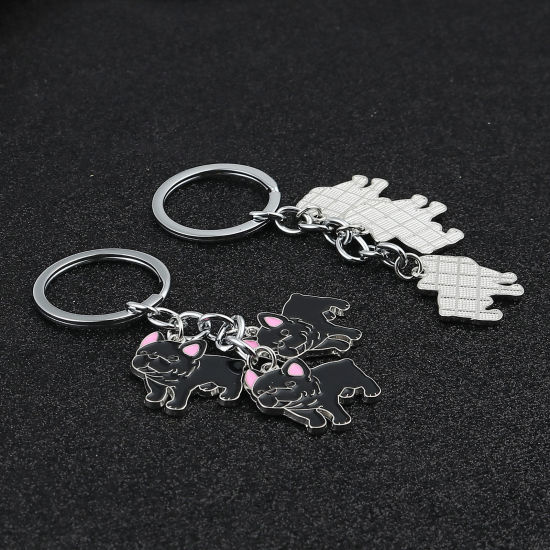 Image de Porte-Clés Argent Mat Noir Bulldog Anglais Émail 90mm, 1 Pièce