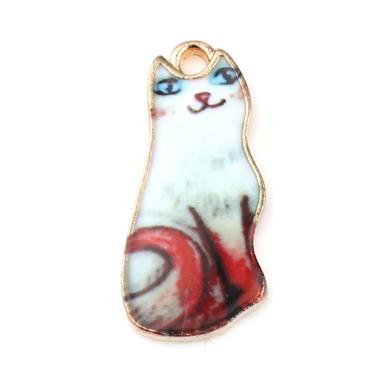 Immagine di Lega di Zinco Charms Gatto Oro Placcato Bianco & Rosso Smalto 22mm x 10mm , 10 Pz