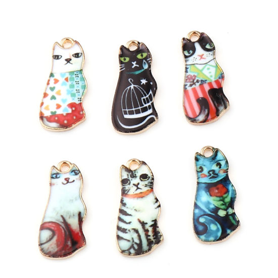 Immagine di Lega di Zinco Charms Gatto Oro Placcato Bianco & Rosso Smalto 22mm x 10mm , 10 Pz