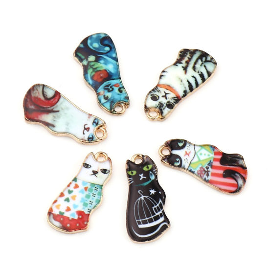 Immagine di Lega di Zinco Charms Gatto Oro Placcato Bianco & Rosso Smalto 22mm x 10mm , 10 Pz