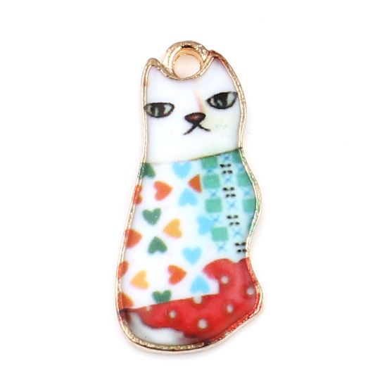 Immagine di Lega di Zinco Charms Gatto Oro Placcato Multicolore Smalto 22mm x 10mm , 10 Pz