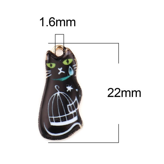 Immagine di Lega di Zinco Charms Gatto Oro Placcato Nero Smalto 22mm x 10mm , 10 Pz