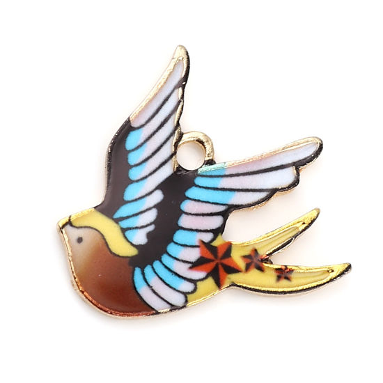 Picture of Zinc Based Alloy Charms Bird Animal Gold Plated Multicolor Enamel 21mm x 20mm, 10 PCs