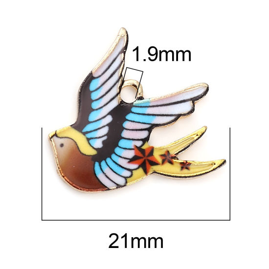 Image de Breloques en Alliage de Zinc Oiseau Doré Multicolore Émail 21mm x 20mm, 10 Pcs