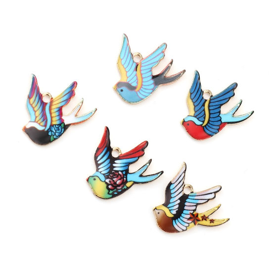 Image de Breloques en Alliage de Zinc Oiseau Doré Multicolore Émail 21mm x 20mm, 10 Pcs