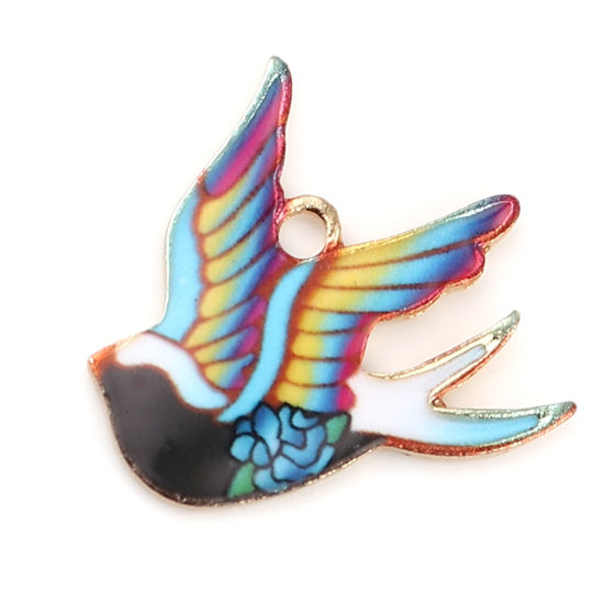 Image de Breloques en Alliage de Zinc Oiseau Doré Multicolore Émail 21mm x 20mm, 10 Pcs