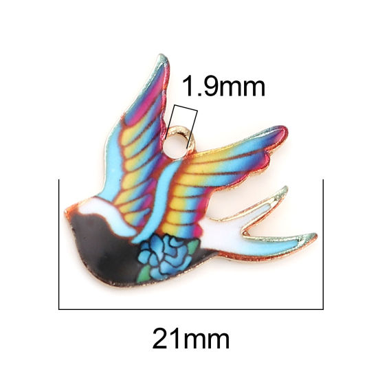 Image de Breloques en Alliage de Zinc Oiseau Doré Multicolore Émail 21mm x 20mm, 10 Pcs