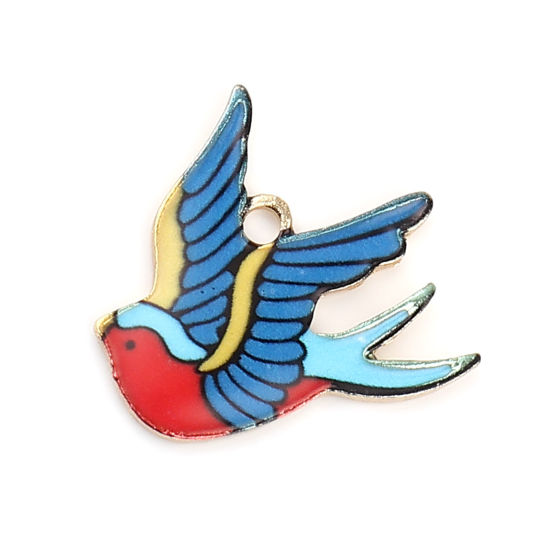 Image de Breloques en Alliage de Zinc Oiseau Doré Multicolore Émail 21mm x 20mm, 10 Pcs