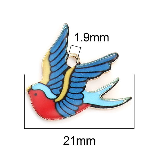 Image de Breloques en Alliage de Zinc Oiseau Doré Multicolore Émail 21mm x 20mm, 10 Pcs