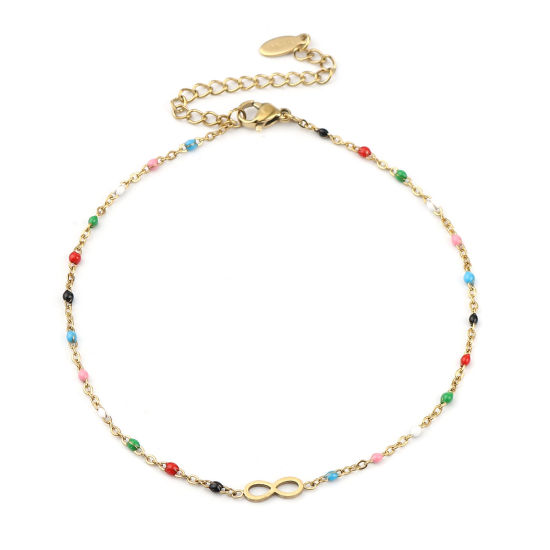 Picture of 304 Stainless Steel Stylish Link Cable Chain Anklet Gold Plated Multicolor Enamel Infinity Symbol 23cm(9") long, 1 Piece