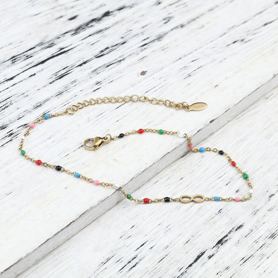 Picture of 304 Stainless Steel Stylish Link Cable Chain Anklet Gold Plated Multicolor Enamel Infinity Symbol 23cm(9") long, 1 Piece