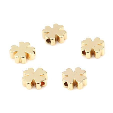 Immagine di 10 Pz Ecologico Ottone Perline per la Creazione di Gioielli con Fai-da-te 18K Vero Oro Placcato Trifoglio del quattro-foglio 7mm x 7mm, Buco: Circa 1.1mm