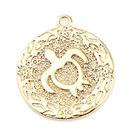 Brass Ocean Jewelry Charms 18K Real Gold Plated Sea Turtle Animal Round Disc 20mm x 17mm, 3 PCs