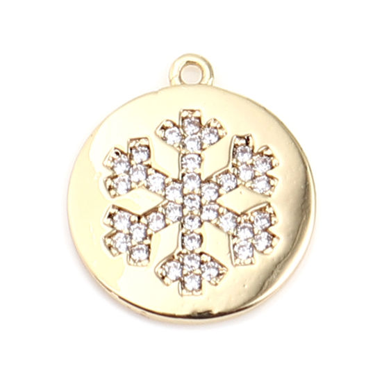 Immagine di Ottone Natale Charms 18K Vero Oro Placcato Tondo Fiocco di Neve Micro Spianare Trasparente Strass 14mm x 12mm, 1 Pz