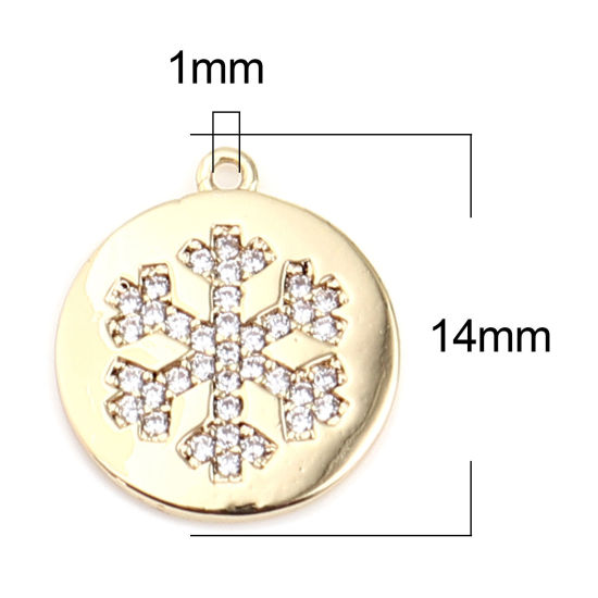 Immagine di Ottone Natale Charms 18K Vero Oro Placcato Tondo Fiocco di Neve Micro Spianare Trasparente Strass 14mm x 12mm, 1 Pz