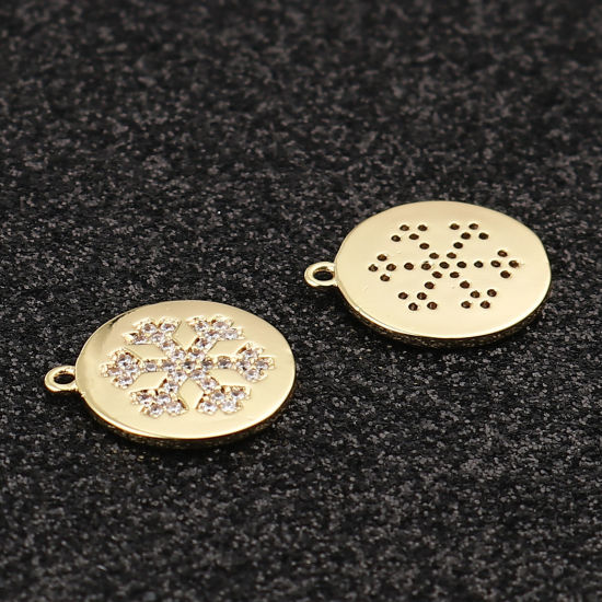 Immagine di Ottone Natale Charms 18K Vero Oro Placcato Tondo Fiocco di Neve Micro Spianare Trasparente Strass 14mm x 12mm, 1 Pz